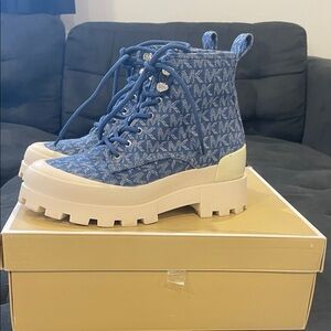 Michael Kors Blue and Cream Lace Up Boots